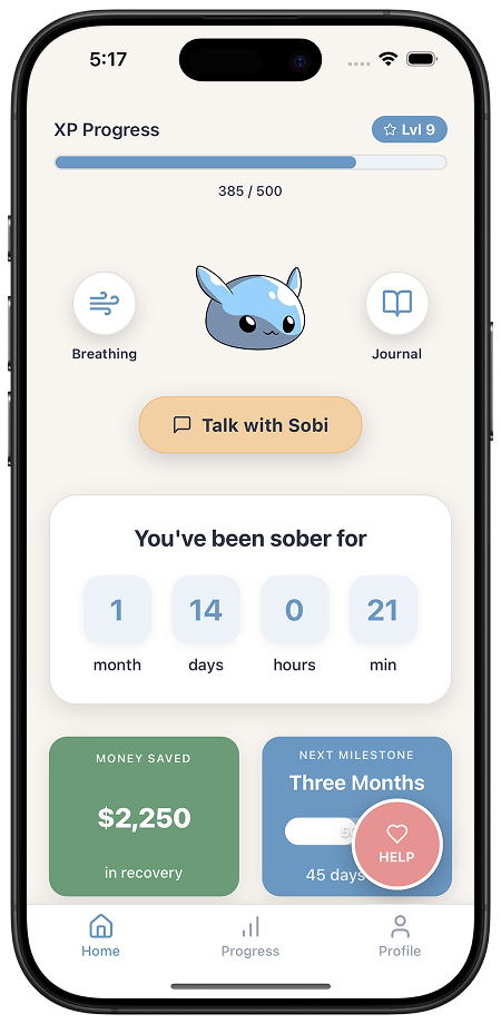 Sobi app screenshot showing progress tracking, cute mascot, and sobriety counter